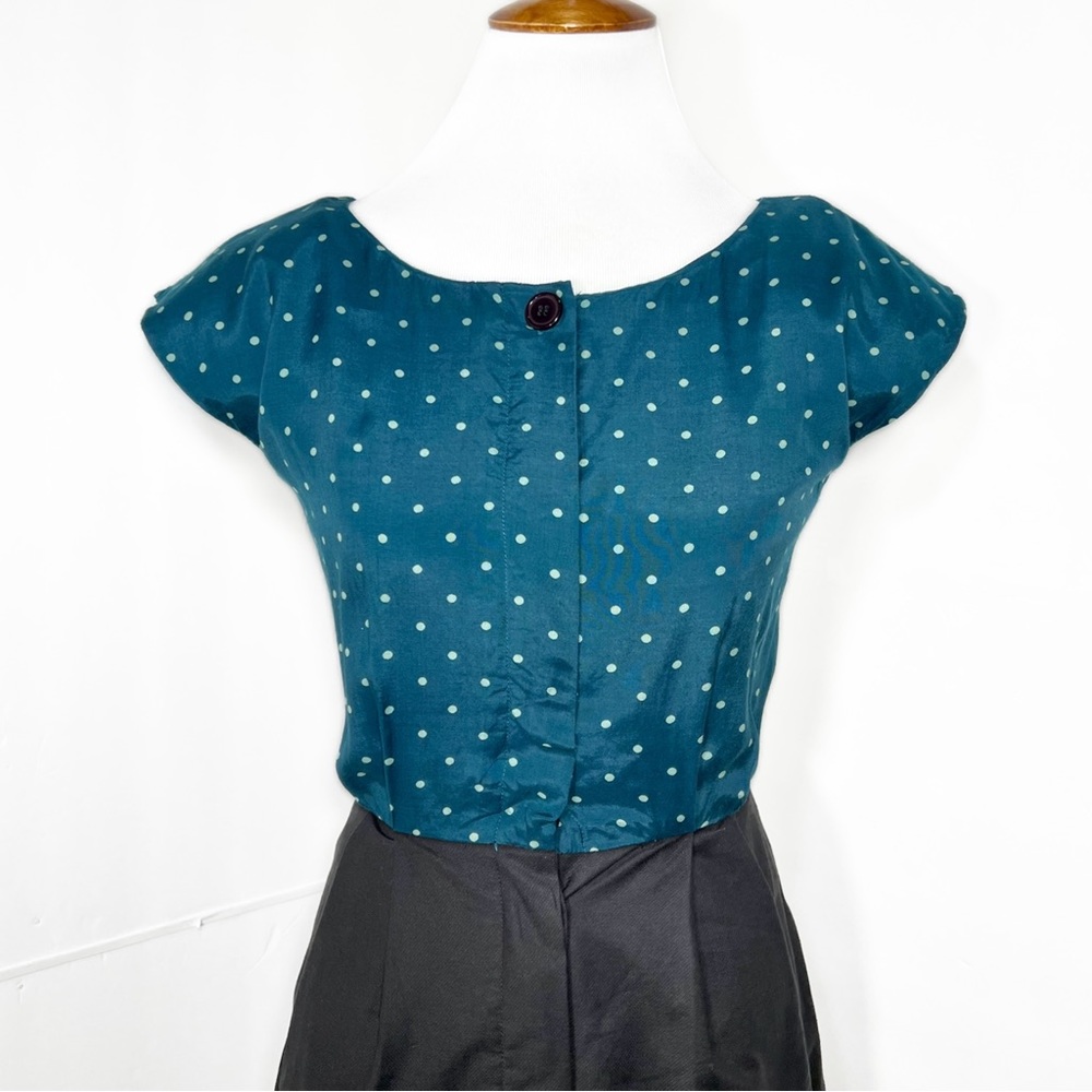 Modcloth Emily and Fin Teal Polka Dot Black Retro Cap Sleeve Sheath Dress - Picture 3 of 11